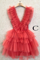 A Line Pink V Neck Tiered Homecoming Dress,Tulle Short Semi Formal Prom Party Dresses
